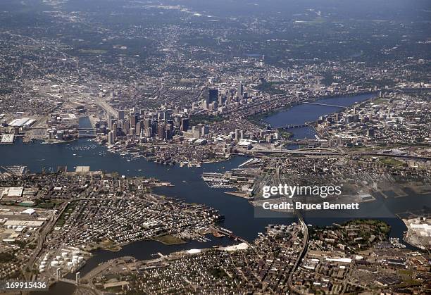 An aerial view of the greater Boston area including Cambridge as photographed on June 4, 2013 in Boston, Massachussets.