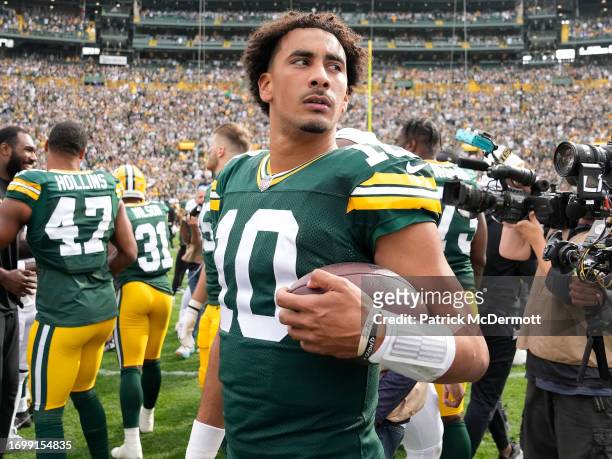 Jordan Love of the Green Bay Packers on the field after a win over the New Orleans Saints at Lambeau Field on September 24, 2023 in Green Bay,...