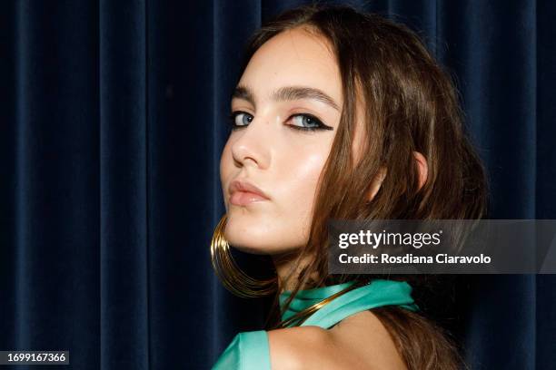 Model backstage ahead of the Luisa Spagnoli fashion show during the Milan Fashion Week Womenswear Spring/Summer 2024 on September 24, 2023 in Milan,...