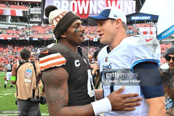 Deshaun Watson of the Cleveland Browns talks with Ryan Tannehill of the Tennessee Titans after the game at Cleveland Browns Stadium on September 24,...