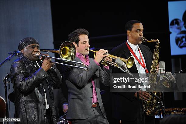 Musicians Frank Lacy, Dominick Farinacci and Javon Jackson attend 2013 Jazz At Lincoln Center's Jazz Hall Of Fame Induction Ceremony on June 4, 2013...