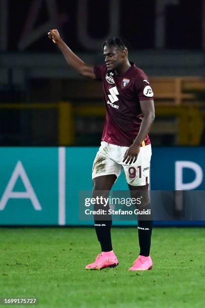 Duvan Zapata of Torino FC celebrates a goal during the Serie A TIM match between Torino FC and AS Roma at Stadio Olimpico di Torino on September 24,...