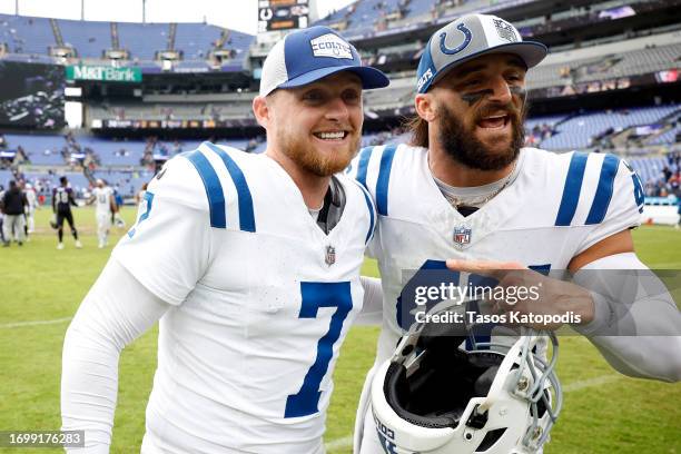 Matt Gay of the Indianapolis Colts celebrates after kicking the game-winning field goal to beat the Baltimore Ravens at M&T Bank Stadium on September...