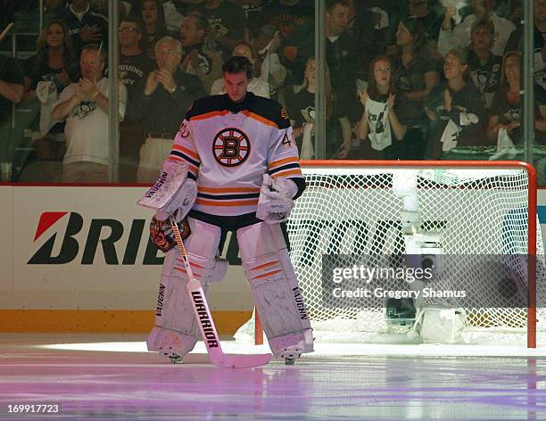 Tuukka Rask of the Boston Bruins looks on during the National Anthem against the Pittsburgh Penguins in Game One of the Eastern Conference Final...