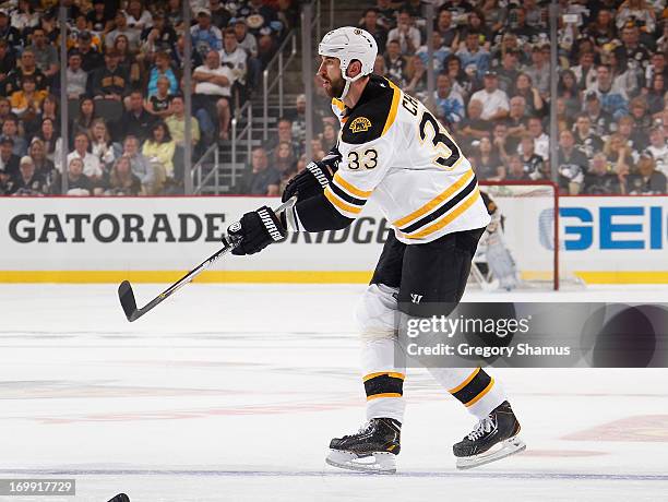 Zdeno Chara of the Boston Bruins skates against the Pittsburgh Penguins in Game One of the Eastern Conference Final during the 2013 NHL Stanley Cup...