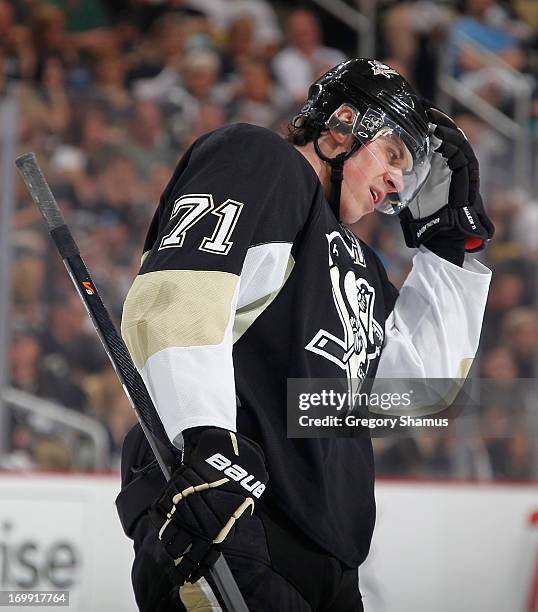 Evgeni Malkin of the Pittsburgh Penguins skates against the Boston Bruins in Game One of the Eastern Conference Final during the 2013 NHL Stanley Cup...