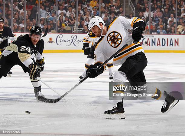 Nathan Horton of the Boston Bruins takes a shot against the Pittsburgh Penguins in Game One of the Eastern Conference Final during the 2013 NHL...