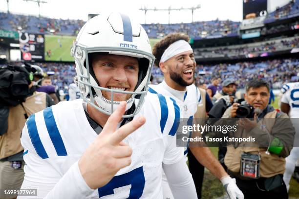 Matt Gay of the Indianapolis Colts reacts after kicking the game-winning field goal to beat the Baltimore Ravens in overtime at M&T Bank Stadium on...