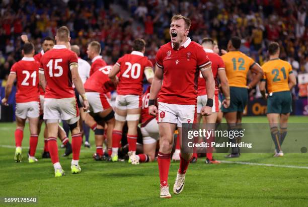 Nick Tompkins of Wales celebrates at the final whistle during the Rugby World Cup France 2023 match between Wales and Australia at Parc Olympique on...