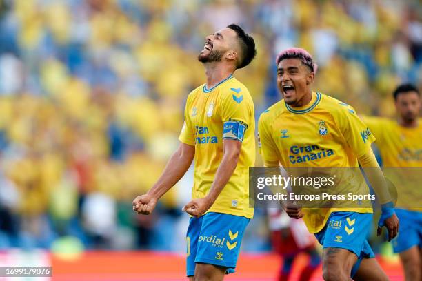 Kirian Rodriguez of UD Las Palmas celebrates a goal during the Spanish league, La Liga EA Sports, football match played between UD Las Palmas and...