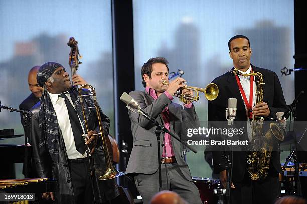 Musicians Frank Lacy, Dominick Farinacci and Javon Jackson attends 2013 Jazz At Lincoln Center's Jazz Hall Of Fame Induction Ceremony on June 4, 2013...