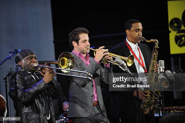 Musicians Frank Lacy, Dominick Farinacci and Javon Jackson attends 2013 Jazz At Lincoln Center's Jazz Hall Of Fame Induction Ceremony on June 4, 2013...