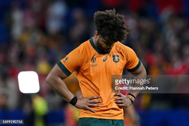 Rob Valetini of Australia looks dejected at full-time following the Rugby World Cup France 2023 match between Wales and Australia at Parc Olympique...