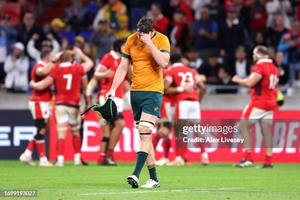 Nick Frost of Australia looks dejected at full-time following the Rugby World Cup France 2023 match between Wales and Australia at Parc Olympique on...