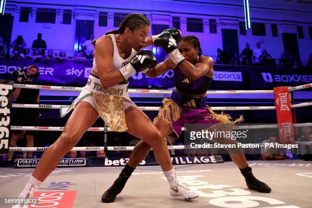 Caroline Dubois and Magali Rodriguez in action during the IBO Lightweight Title fight at York Hall, London. Picture date: Saturday September 30, 2023.