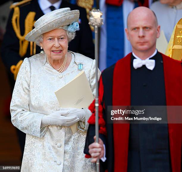 Queen Elizabeth II attends a service of celebration to mark the 60th anniversary of her Coronation at Westminster Abbey on June 4, 2013 in London,...