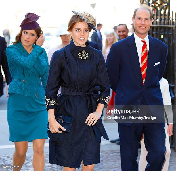 Princess Eugenie of York, Princess Beatrice of York and Prince Edward, Earl of Wessex attend a service of celebration to mark the 60th anniversary of...