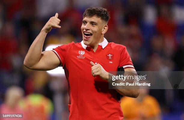 Dafydd Jenkins of Wales celebrates after winning the Rugby World Cup France 2023 match between Wales and Australia at Parc Olympique on September 24,...
