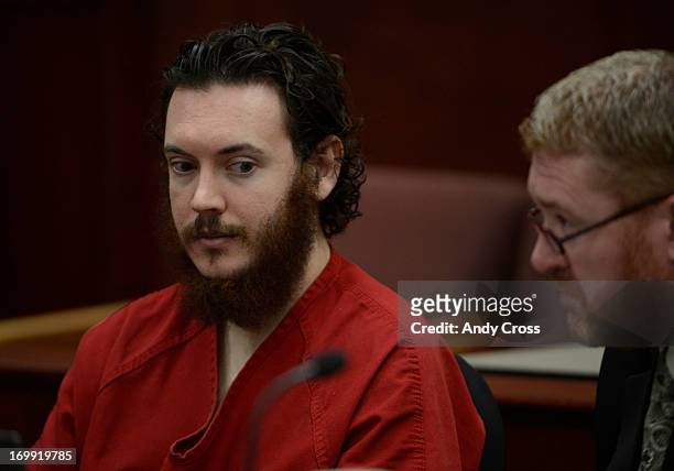 James Holmes, left, and his defense attorney, Daniel King, in court Tuesday morning June 04, 2013 for an advisement hearing at the Arapahoe County...