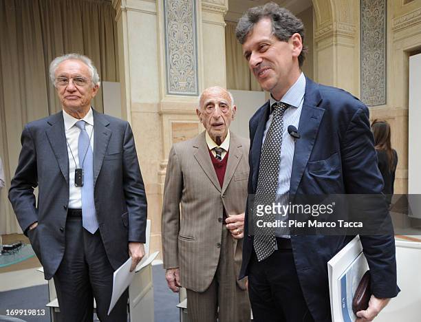 Giovanni Bazoli,Gillo Dorfles and Francesco Tedeschi attend an Exhibition preview "1963 e ditorni" at Gallerie d'Italia museum on June 4, 2013 in...