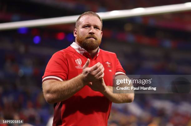 Henry Thomas of Wales celebrates after winning the Rugby World Cup France 2023 match between Wales and Australia at Parc Olympique on September 24,...