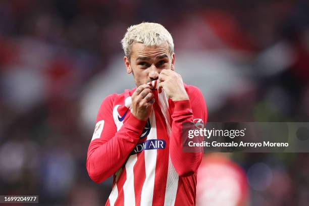 Antoine Griezmann of Atletico Madrid celebrates after scoring the team's second goal during the LaLiga EA Sports match between Atletico Madrid and...