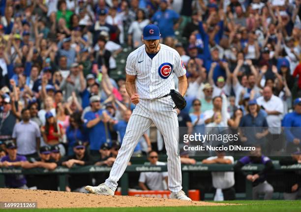 Julian Merryweather of the Chicago Cubs reacts after the final out during the ninth inning of a game against the Colorado Rockies at Wrigley Field on...