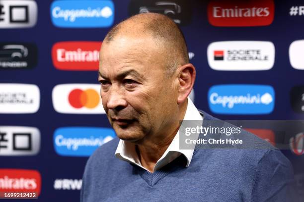 Eddie Jones, Head Coach of Australia, speaks to the media at full-time following the Rugby World Cup France 2023 match between Wales and Australia at...