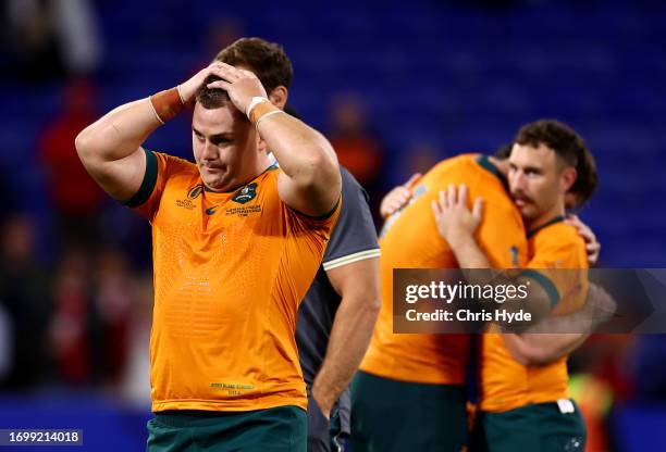 Blake Schoupp of Australia looks dejected at full-time following the Rugby World Cup France 2023 match between Wales and Australia at Parc Olympique...