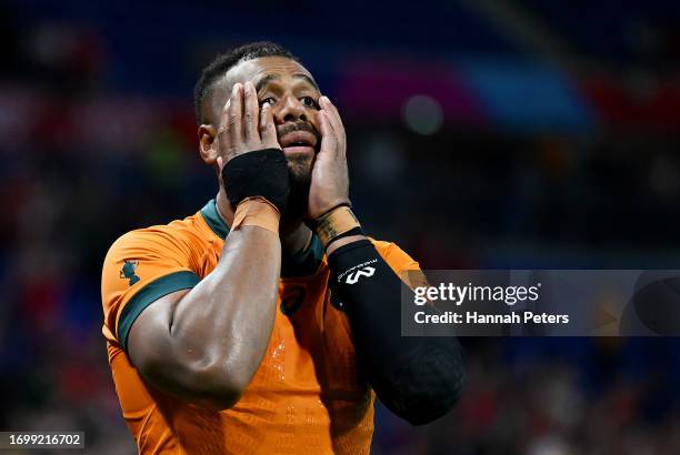 Samu Kerevi of Australia reacts after their team's loss at full-time following the Rugby World Cup France 2023 match between Wales and Australia at...