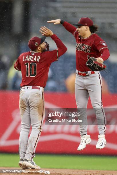 Jordan Lawlar and Alek Thomas of the Arizona Diamondbacks celebrate after defeating the New York Yankees 7-1 at Yankee Stadium on September 24, 2023...