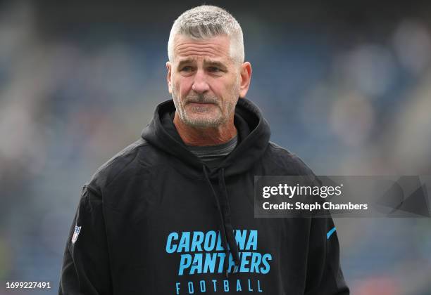 Head coach Frank Reich of the Carolina Panthers before a game against the Seattle Seahawks at Lumen Field on September 24, 2023 in Seattle,...