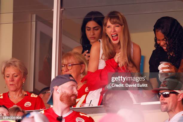 Taylor Swift reacts during a game between the Chicago Bears and the Kansas City Chiefs at GEHA Field at Arrowhead Stadium on September 24, 2023 in...