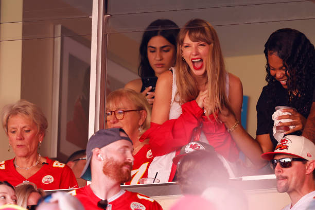Taylor Swift reacts during a game between the Chicago Bears and the Kansas City Chiefs at GEHA Field at Arrowhead Stadium on September 24, 2023 in...