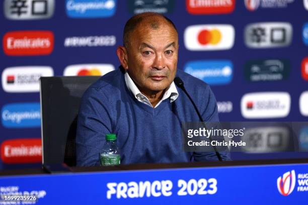 Eddie Jones, Head Coach of Australia, speaks to the media in the post match press conference following the Rugby World Cup France 2023 match between...