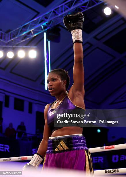 Caroline Dubois celebrates following the IBO Lightweight Title fight against Magali Rodriguez at York Hall, London. Picture date: Saturday September...
