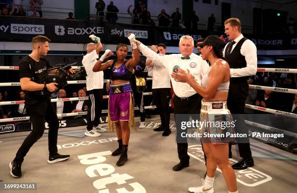 Caroline Dubois celebrates following the IBO Lightweight Title fight against Magali Rodriguez at York Hall, London. Picture date: Saturday September...