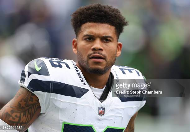 Teez Tabor of the Seattle Seahawks before a game against the Carolina Panthers at Lumen Field on September 24, 2023 in Seattle, Washington.