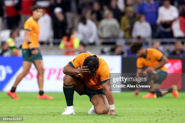 Pone Fa’amausili of Australia reacts following the Rugby World Cup France 2023 match between Wales and Australia at Parc Olympique on September 24,...