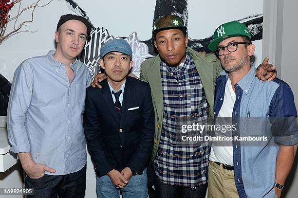 Artist KAWS, fashion designer Nigo, Pharrell Williams and fashion designer Mark McNairy attend the 10th anniversary party of Billionaire Boys Club...