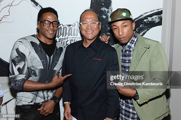 Tip, Chef Masaharu Morimoto and Pharrell Williams attend the 10th anniversary party of Billionaire Boys Club presented by HTC at Tribeca Canvas on...