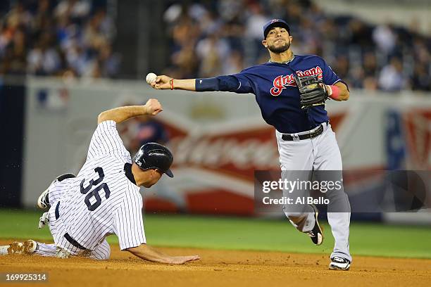 Mike Aviles of the Cleveland Indians attempts to turn a double play as Kevin Youkilis of the New York Yankees slides during their game on June 4,...