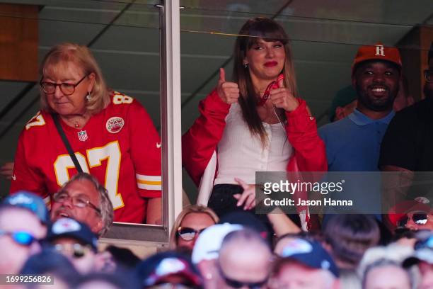 Donna Kelce and Taylor Swift are seen during the first half of a game between the Chicago Bears and the Kansas City Chiefs at GEHA Field at Arrowhead...