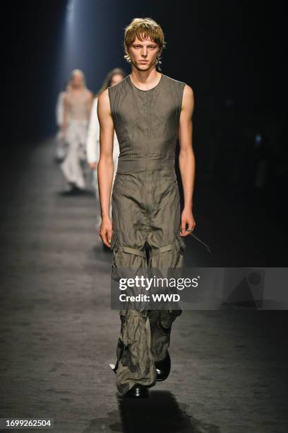 Model on the runway at Ann Demeulemeester Ready To Wear Spring 2024 on September 30, 2023 in Paris, France.