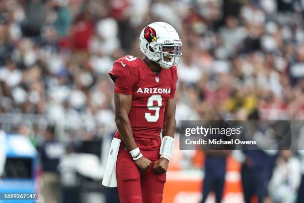 Joshua Dobbs of the Arizona Cardinals celebrates after a touchdown during an NFL football game between the Arizona Cardinals and the Dallas Cowboys...