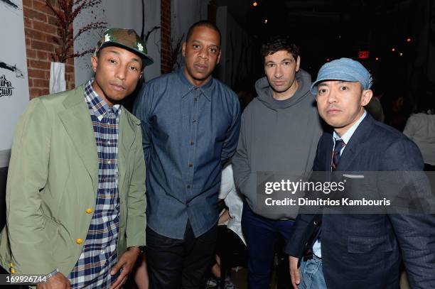 Pharrell Williams, Jay-Z and Nigo attend the 10th anniversary party of Billionaire Boys Club presented by HTC at Tribeca Canvas on June 4, 2013 in...