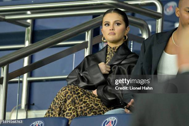 Selena Gomez attends the Ligue 1 Uber Eats match between Paris Saint-Germain and Olympique de Marseille at Parc des Princes on September 24, 2023 in...