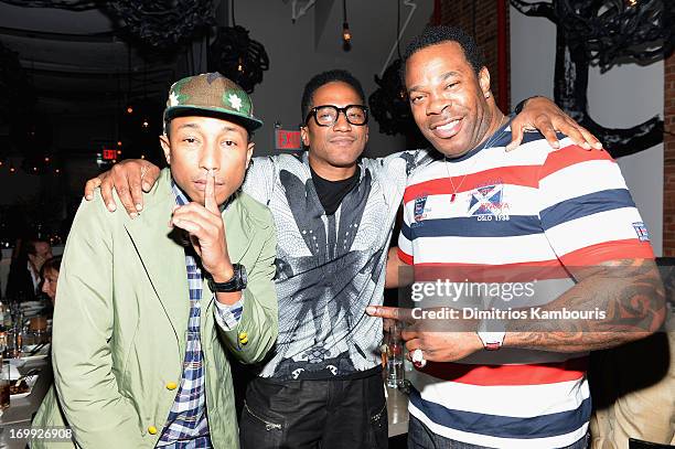 Pharrell Williams, Q-Tip and Busta Rhymes attend the 10th anniversary party of Billionaire Boys Club presented by HTC at Tribeca Canvas on June 4,...