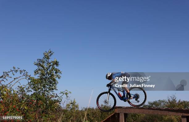 Martina Berta of Italy rides in the Women's Cross-country Mountain Bike event during the Paris 2024 Mountain Bike test event at Elancourt Hill on...
