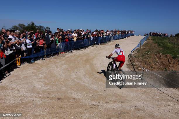Matylda Szczecinska of Poland rides in the Women's Cross-country Mountain Bike event during the Paris 2024 Mountain Bike test event at Elancourt Hill...